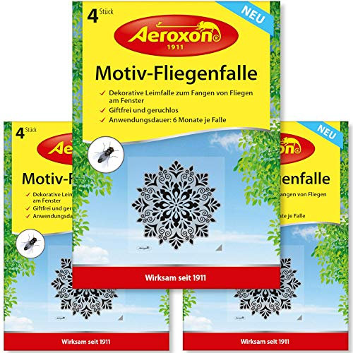 Aeroxon Fliegenköder für Fenster - 3x4 Stück Motiv Fliegenfänger Klebestreifen, Effektive Fliegenfalle Innenbereich