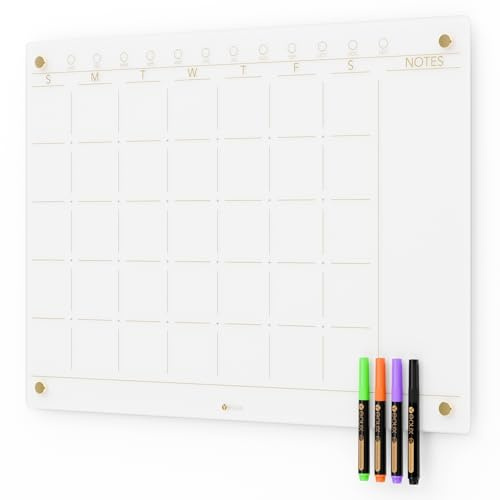 Glas Gyllene månadsvis torr raderingskalender whiteboard för vägg, 43 cm x 58 cm, ramlös stor månadsplanerare meny vit tavla för hemmakök, kontor, 4 våta raderingspennor ingår, Yeoux