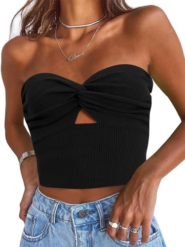 EFAN Womens Tube Tops Strapless Crop Bandeau Tank Tops Ribbed Knit Y2K Summer Beach Vacation Going Out Clothes Black S