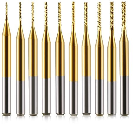 Trvoxviq 10 Stücke Hartmetall Schaftfräser, 1/8 Schaft Titan Coat CNC Fräser Stückchen Fräser Schnitzsatz, Stirnfräser Drehgrat Werkzeug Gravur Bits für PCB/SMT/Hartholz/Leiterplatte/Faser, 0,6-1,5mm