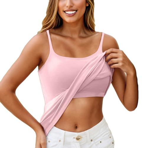 KONG JIMFAN Damen Unterhemd BH-Hemd Basic U-Ausschnitt Eingebauter BH Bügelloser Gepolstert Verstellbare Spaghettiträger Tank Tops mit Integriertem Bh Ohne Bügel Einfarbig Bequeme Hemd Fitting Yoga BH