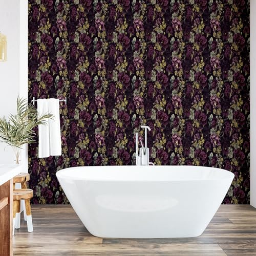 Ambesonne Vintage Peel & Stick Wallpaper for Home, Spring Concept on Pansy Flowers Hand-Drawn Art Monochrome Back, Self-Adhesive Living Room Kitchen Accent, 33 cm x 250 cm, Dark Maroon Fawn and Taupe