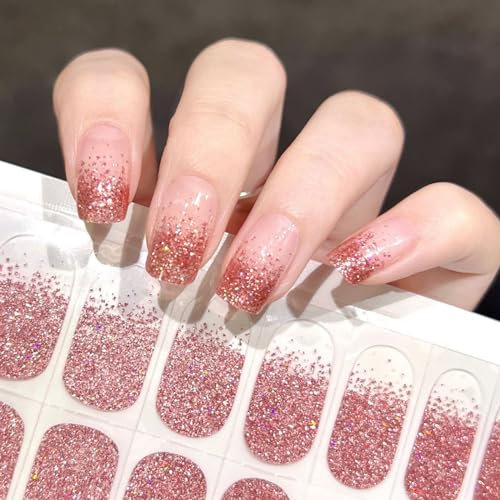 Boloshine 22 Pcs Semi Cured Gel Stickers, Salon-Quality Glitter Full Wraps, Self-Adhesive Strips, Long Lasting Polish Stickers for Women Girls (Glitter Rose Gold)