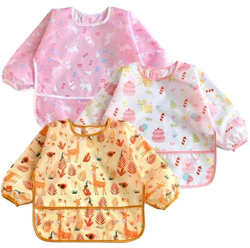 PandaEar Lätzchen mit langen Ärmeln, wasserdicht, für Babys, Kleinkinder, 6–36 Monate, 3 Stück, Mehrfarbig, Einheitsgröße