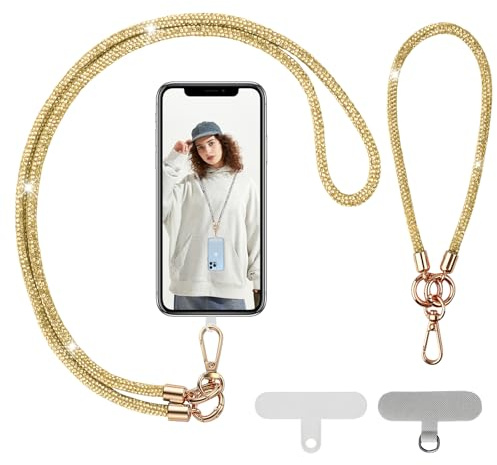 Gold Glitzer Handykette Universal, incl. Handykette Lang und Kurz Handgelenk schlaufen zum Umhängen, mit 2 Stück Universelles Patch, Glitzer Handyband Geeignet für alle Smartphones Mädchen Frau