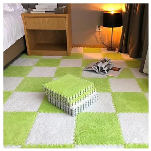 Tappeto patchwork in velluto verde fluorescente e bianco latte, tappetini antiscivolo in schiuma ad incastro (10 pezzi 30 x 30 x 1 cm) per bambini e decorazioni per la casa