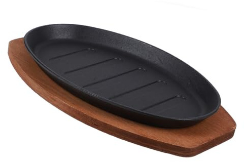 AUTSUPPL Plaque à Steak Fonte avec Surface Striée pour Marques Grillées Répartition Uniforme Chaleur Assiette Multifonction pour Cuisson Service et Intenses Base Bois Incluse