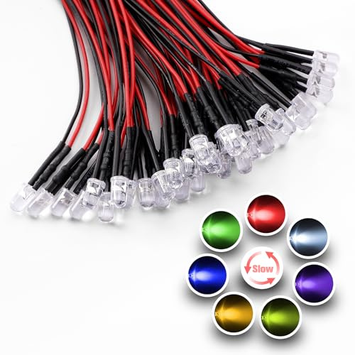YIXISI 40 ST 5mm RGB 7-Färgers Långsamt Blinkande LED-Dioder, 12V 20cm Emitterande Dioder Förkopplade, LED-Dioderljus