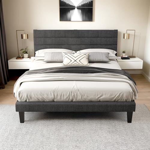 LEADZM Polsterbett 140x200cm Doppelbett, Grau | Bett 140x200 mit Lattenrost aus Holz und Verstellbares Kopfteil, Leinen
