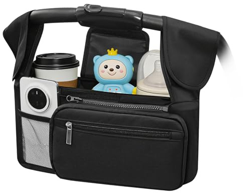 UPRONEX Kinderwagen Organizer Tasche mit 2 Haken verstellbarem Schultergurt und mehreren Fächern für Flaschen, Windeln und Snacks. Schwarz
