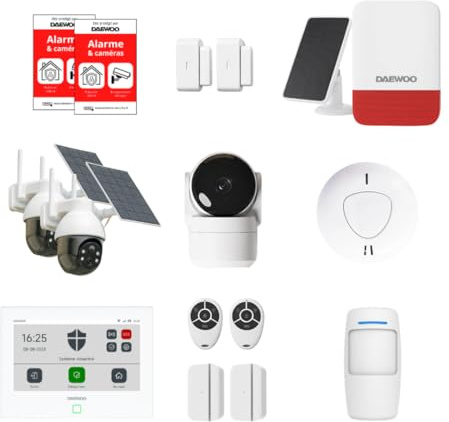 Daewoo Security - Allarme smart home wireless WiFi - Ultimate Essential Pack con 2 telecamere solari da esterno, videocamere interne e sirena - senza abbonamento - Compatibile con Alexa e Google Home