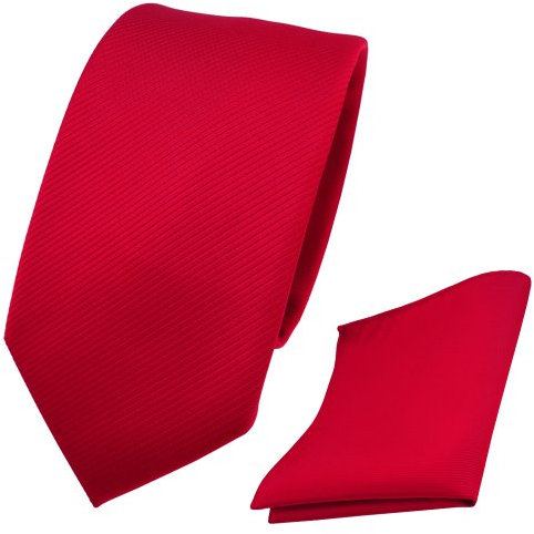 TigerTie - schmale Designer Krawatte + Einstecktuch rot verkehrsrot knallrot Uni Rips - Binder Tuch