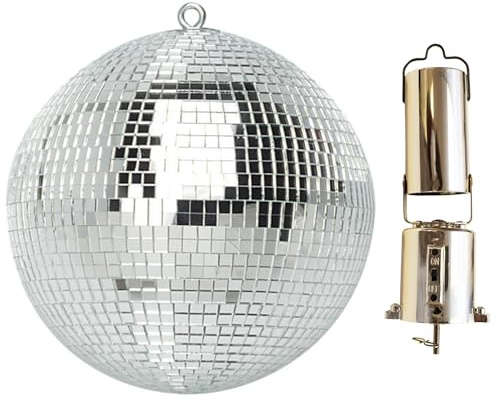 Netagon Silver Mirrored Disco Ball with Hanging Ring Lightweight Ceiling Hanging Mirror Ball for Disco Halloween Christmas Birthday Party + Rotating Motor (with SILVER Rotating Motor, 200mm | 8)