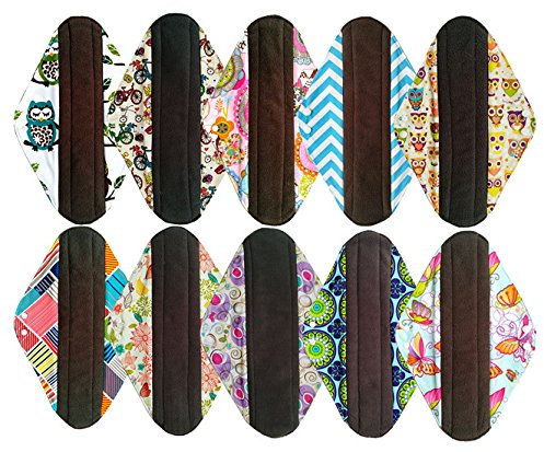 Serviettes hygiéniques lavables en charbon de bambou pour la nuit ou post accouchement - 10 pièces - 35 cm