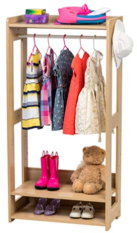 IRIS USA Small Open Wood Clothing Rack for Small Spaces, Clothes Rack with Shelves, Garment rack with Side Hook, Light Brown