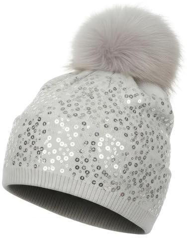 styleBREAKER Feinstrick Bommelmütze mit Pailletten und abnehmbarem Kunstfell Bommel, Fellbommel Mütze, Damen 04024134, Farbe:Hellgrau