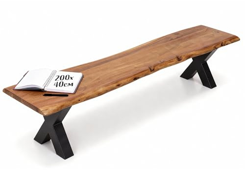 Bank MAMMUT NATURE - 200cm - honigfarben - Akazienholz Metall-Beine | montiert geliefert, Unikat, lackiert, pflegeleicht, natürliche Maserung, Industrial Design