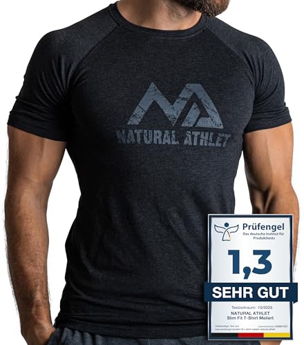 Natural Athlet Slim-Fit Fitness Tshirt für Herren – Enges & langes schnelltrocknendes Männer Kurzarm Gym T-Shirt – für Sport, Gym, Fitnessstudio, Workout, Bodybuilding und Krafttraining