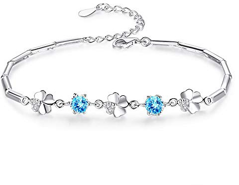 Kamise Armband Damen Silber, 925 Sterling Silber Armband, Klee Armkette mit Blau Zirkonia, Armbänder Schmuck mit Geschenkbox für Mutter Mädchen Frauen Zum Muttertag Valentinstag