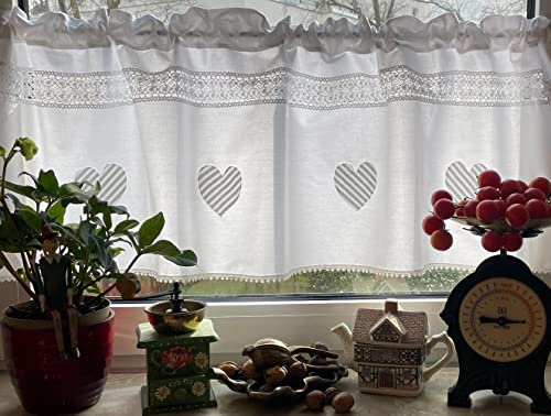 Leinenshop24 Bistrogardine Kurzgardine Weiß mit Spitze Weihnachten Sylvester Fest 100% Baumwolle 140 x 45 cm Landhaus Shabby Retro Nr. 6