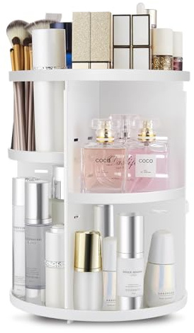seinlife 360 roterande makeuporganiserare, gör-det-själv justerbar snurrhållare, vikbar kosmetisk förvaring displaybox, stor kapacitet smink caddyhylla, passar bänkskåp och badrum (VIT)