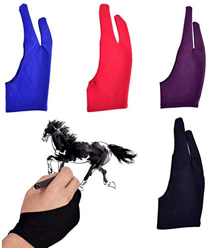 Künstler-Handschuhe für Zeichentablette, zwei Finger, Grafiken, Malhandschuhe, freie Größe, kreativ, sowohl für rechte als auch für linke Hand, 4 Stück, Schwarz, Blau, Rot, Lila, (L)