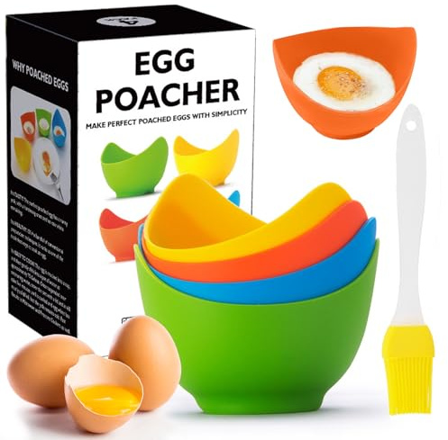 LTWQLing Egg Poacher - 4 Pack Silicone Non-Stick Poached Egg Cooker with Ring Standers, Microwave & Stovetop Use, BPA Free, Dishwasher Safe