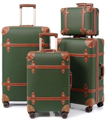 NZBZ Vintage-Gepäck-Sets mit 4 Stück, niedlicher Koffer mit rollenden Spinner-Rädern, TSA-Schloss, Gepäck 35,6 cm + 50,8 cm + 61 cm + 71,1 cm, dunkelgrün, Reißverschluss Vintage Gepäck