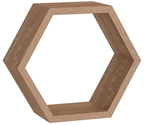 Velano Hexagon Regal - Wandregal - Schweberegal - Hängeregal - Bücherregal - Regal Wand - 1 Stück, 30x26x11.5x1.8 cm, Sonoma-Eiche - Regale für Küche, Badezimmer, Wohnzimmer, Schlafzimmer - FHS 300