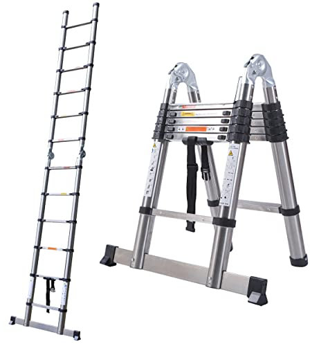3.8M 1.9m+1.9m Extension Ladder Stainless Steel Foldable Ladders Capacity Max Load 150kg/330lb with EN131 Weight 17.6kg for Home DIY Project Job, House Wall Ceilling Maintenaning （12.4ft)
