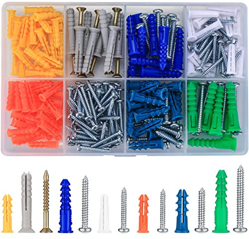 210 Pcs Self Drilling Drywall Screws and Ribbed Anchors Plugs Assortment Kit, Screws and Wall Plugs Set, Plasterboard Wall Anchors and Screw Set