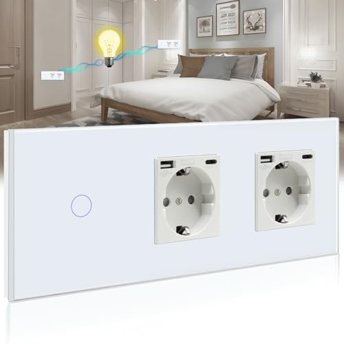 BSEED Interruptor con Doble Enchufe USB,Schuko Enchufe con 1 Puerto Tipo C y 1Puertos USB,1 Gang 2 Vías Interruptor de Luz con indicador LED,Blanco Enchufe de pared para Smartphone,Tableta,auriculares