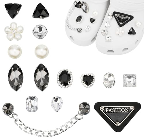 16 Stück Bling Jewelry Schuhanhänger Charms mit Metallkette, Luxus Designer Diamond Pearl Schuhdekoration Anhänger Passend für Clog Sandalen, Fashion CLOG Schuh Charms Zubehör für Mädchen Frauen