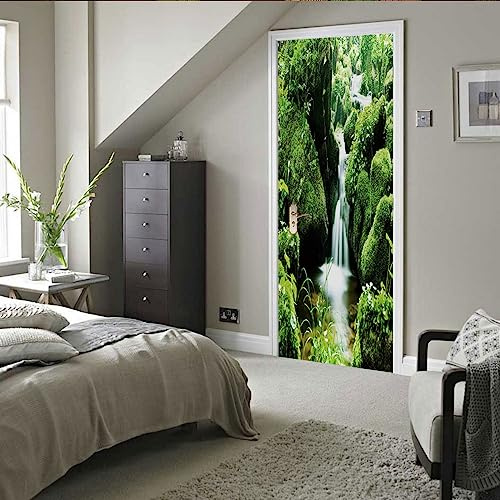 A.Monamour Türtapete Selbstklebend Türfolie Türposter 3D Wasserfall Im Tal Inmitten Des Waldes Vinyl Folie Türdeko Tapete Wandbild Türaufkleber Türtattoo 77x200cm