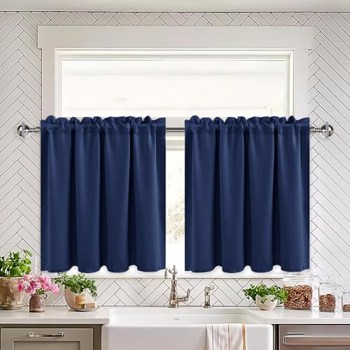 XWZO Gardinen Blackout, Vorhänge Blickdicht, Küchengardinen Bistrogardine Kurzer Scheibengardinen für kleines Fenster, Wohnwagen, B 66cm x H 91cm, Navy Blau pro Paneel, 2er Set