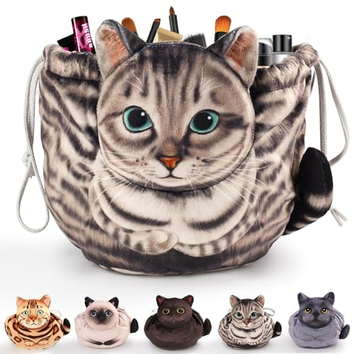 Openhaha Drawstring Travel Organizer, Cosmetic Pouch - Cat Gift, Lay Flat Makeup Bag Gifts for Cat Lovers