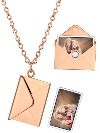Custom4U Personalisierte Foto Medaillon zum Öffnen mit Bild Edelstahl Umschlag Halskette Fotokette mit Briefumschlag in Silber/Gold/Rosegold/Schwarz Geschenk für Muttertag Weihnachten Geburtstag