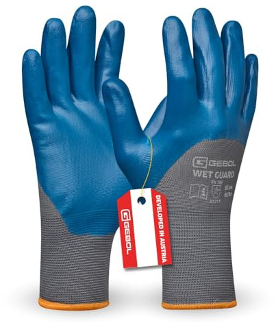 Gebol Wet Guard blu, taglia L (Gr 9), guanti da lavoro con rivestimento in nitrile resistente all'olio e all'acqua, guanti protettivi in poliestere, per uomo, grigio, blu, 1 paio