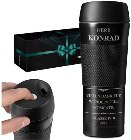 Maverton Kaffeebecher mit Gravur 450 ml - Reisebecher mit Anti-Rutsch-Griff und Quick-Press-Verschluss - Thermobecher Edelstahl auslaufsicher 100% dicht - für Männer zum Geburtstag - schwarz - Lehrer