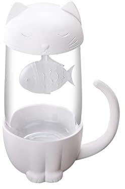 Tasse en Verre Mignonne avec Infuseur à Poisson, Tasse à Infuseur à Thé Unique et Charmante pour les Amoureux des Chats, Tasse à Infuseur à Thé Créative Facile à Utiliser, Filtre(Chat blanc)