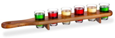 Avilia Juego de vasos de chupito con 6 vasos – Soporte para vasos de chupito con vasos incluidos, de madera y cristal, 45 x 6,5 x 7 cm y vasos de 40 ml
