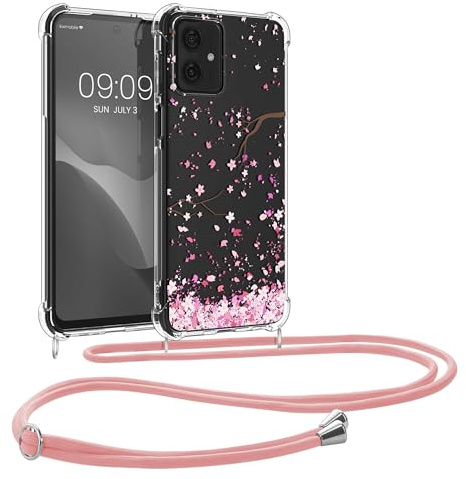 kwmobile Carcasa Compatible con Motorola Moto G54 5G Funda con Cuerda - Funda con Correa Colgante - Cordón Ajustable - Bordes elevados - Flores Cerezo cayendo