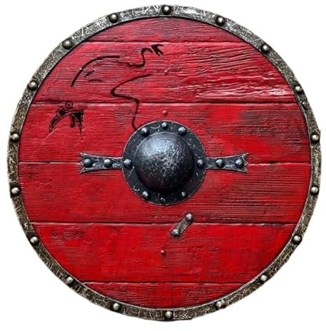 Red Viking Shield Ragnar Lothbrok Authentic Battleworn Wooden Shield for Adults/Kids Wooden Shield, Standard, Red, Default