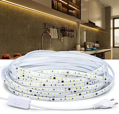 LED Strip Streifen 2m,230V led leiste lichtleiste aussenbereich wasserdicht lichtband, Warmweiss 3200 lampe lampen,2Meters led band mit Schalter, Home Decoration Küche Garten LED Beleuchtung