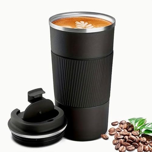 Taza Térmica de Café 380ml - Acero Inoxidable Negro, Doble Pared, Antiderrame, para Bebidas Frías y Calientes, Viaje y Coche