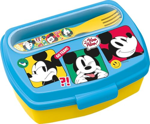 Sandwich Box Bimbi con posate Disney Mickey Mouse, in plastica senza BPA, lavabile e riutilizzabile
