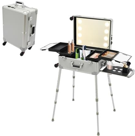 Kosmetikkoffer Trolley, Rollend Schminkkoffer mit Beleuchtung und Spiegel, Höhenverstellbar 39-85cm, Tragbarer Kosmetik-Organisator für Visagisten