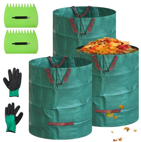 Gemsaya Garden Waste Bags, 3 Pack 500L Heavy Duty Garden Bags with Handles, Reusable Gardening Rubbish Sacks with 1 Pair Gloves & 2pcs Leaf Rake, Waterproof Green Waste Sack for Plant Grass Leaves