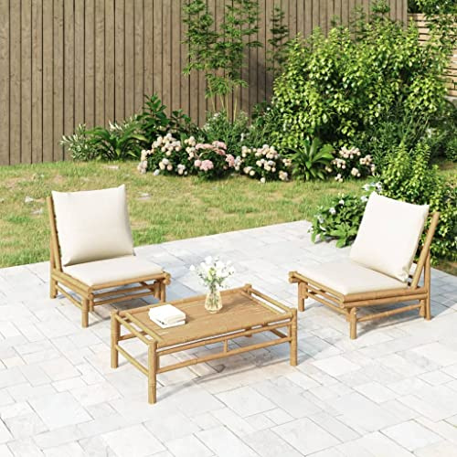WEMYUFURN 3-TLG. Garten-Lounge-Set mit Kissen Creme Bambus, Outdoor-Sitzgruppe, Terrassen-Lounge-Set, Garten-Couchgarnitur - Wetterbeständig, Komfortabel - für Terrasse, Garten und Balkon