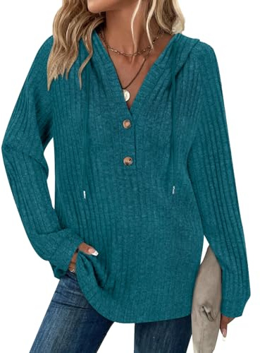 Womens Drawstring Hoodies for Women Ladies Button V Neck Long Sleeve Jumpers Casual Loose Lightweight Soft Comfy Warm Solid Color Pullover Autumn Winter Clothes Dark Cyan M